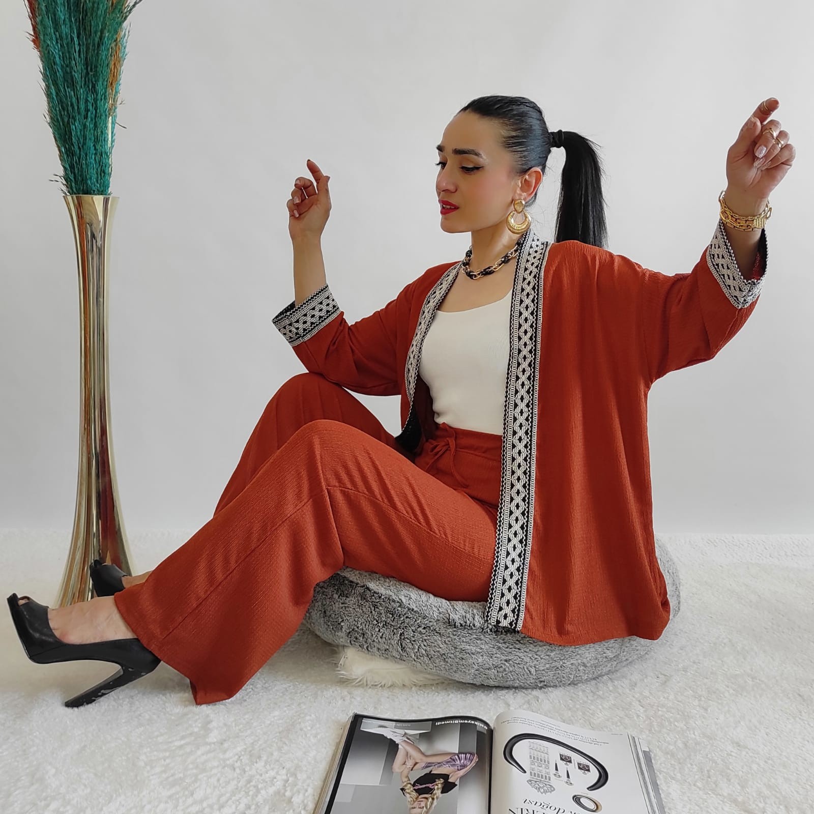 Nakışlı Geniş paça Kimono Takım - KİREMİT