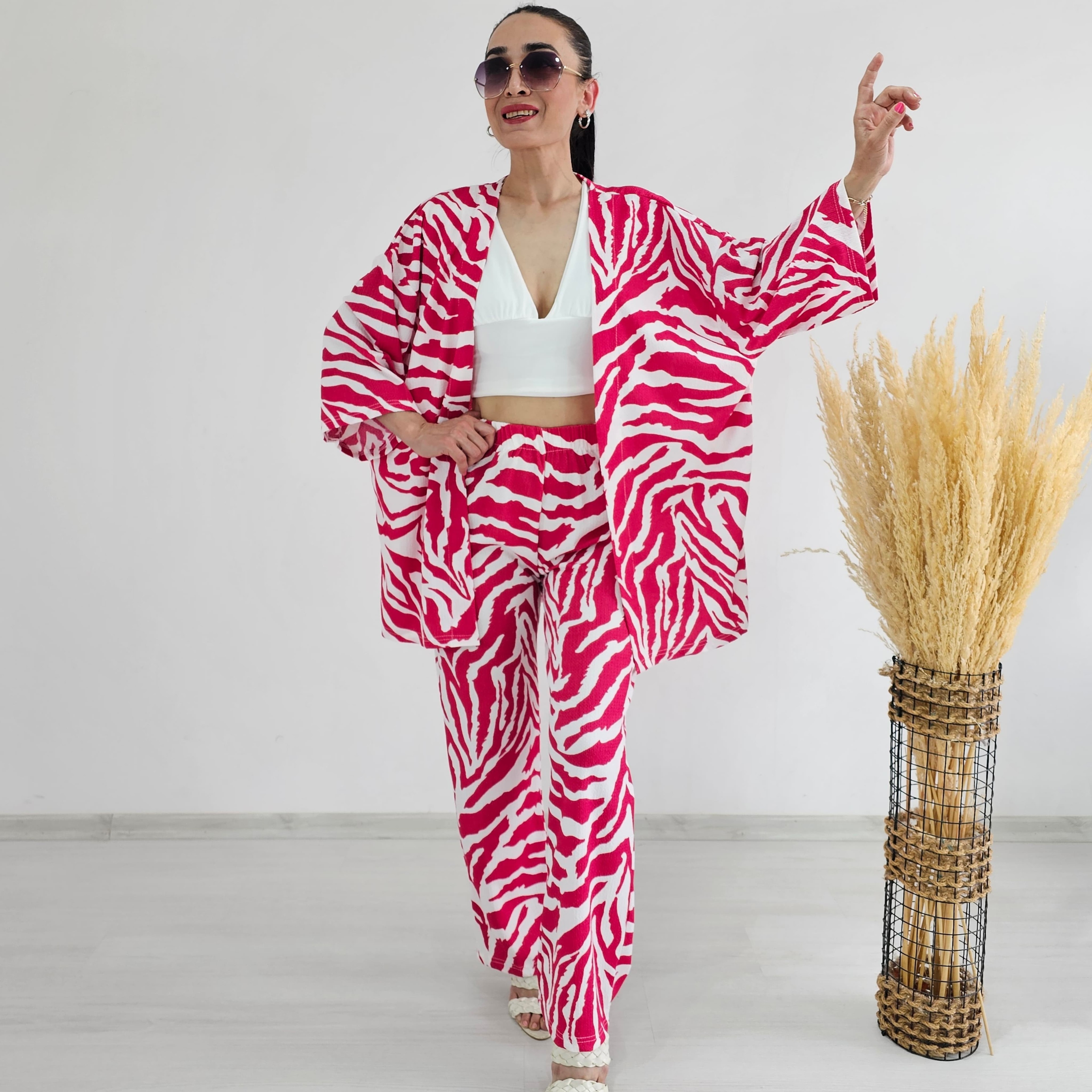Tam bel Zebra Desen Kimono Takımı - FUŞYA