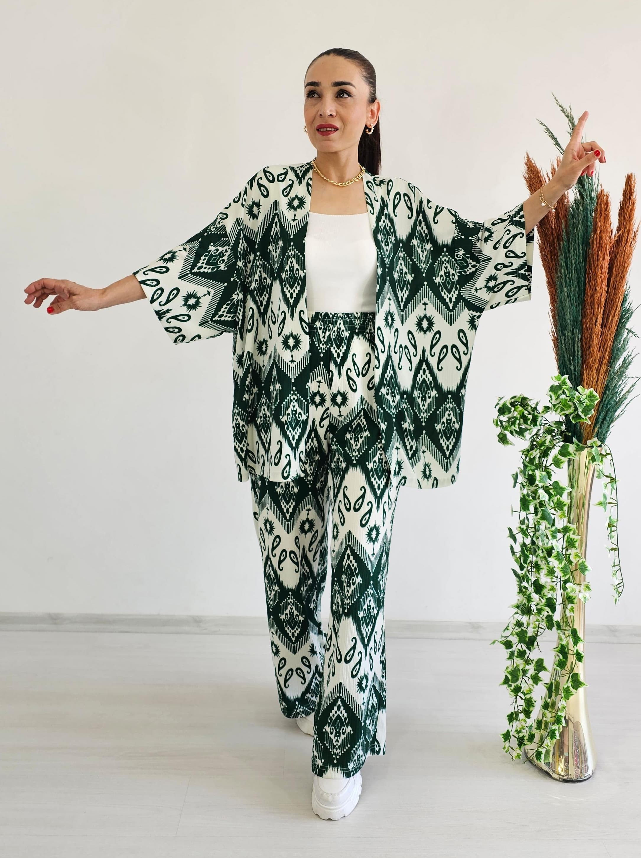 Desenli Kimono Takımı - YEŞİL