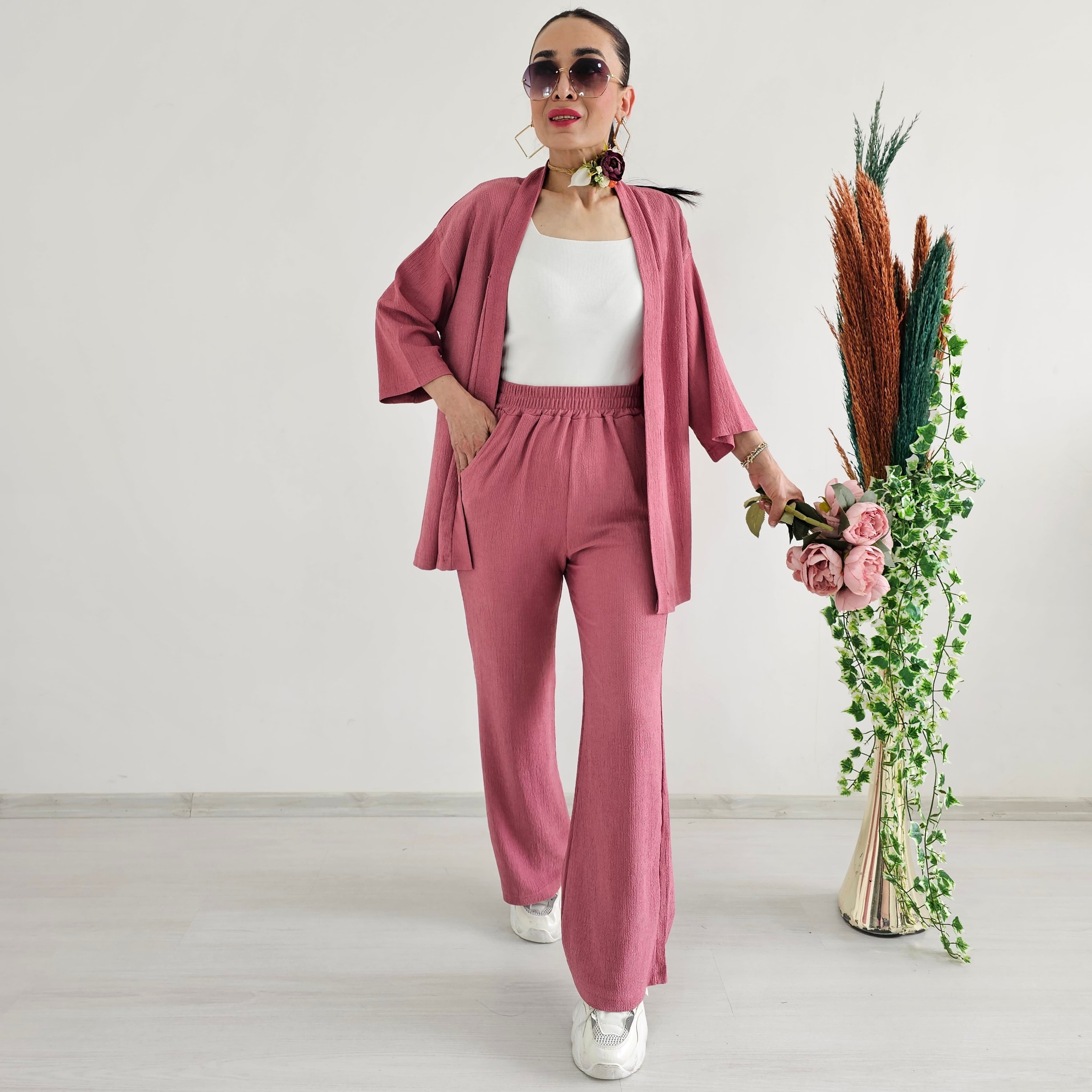 Bürümcek Kumaş Geniş Paça İkili Kimono Takımı - GÜL KURUSU