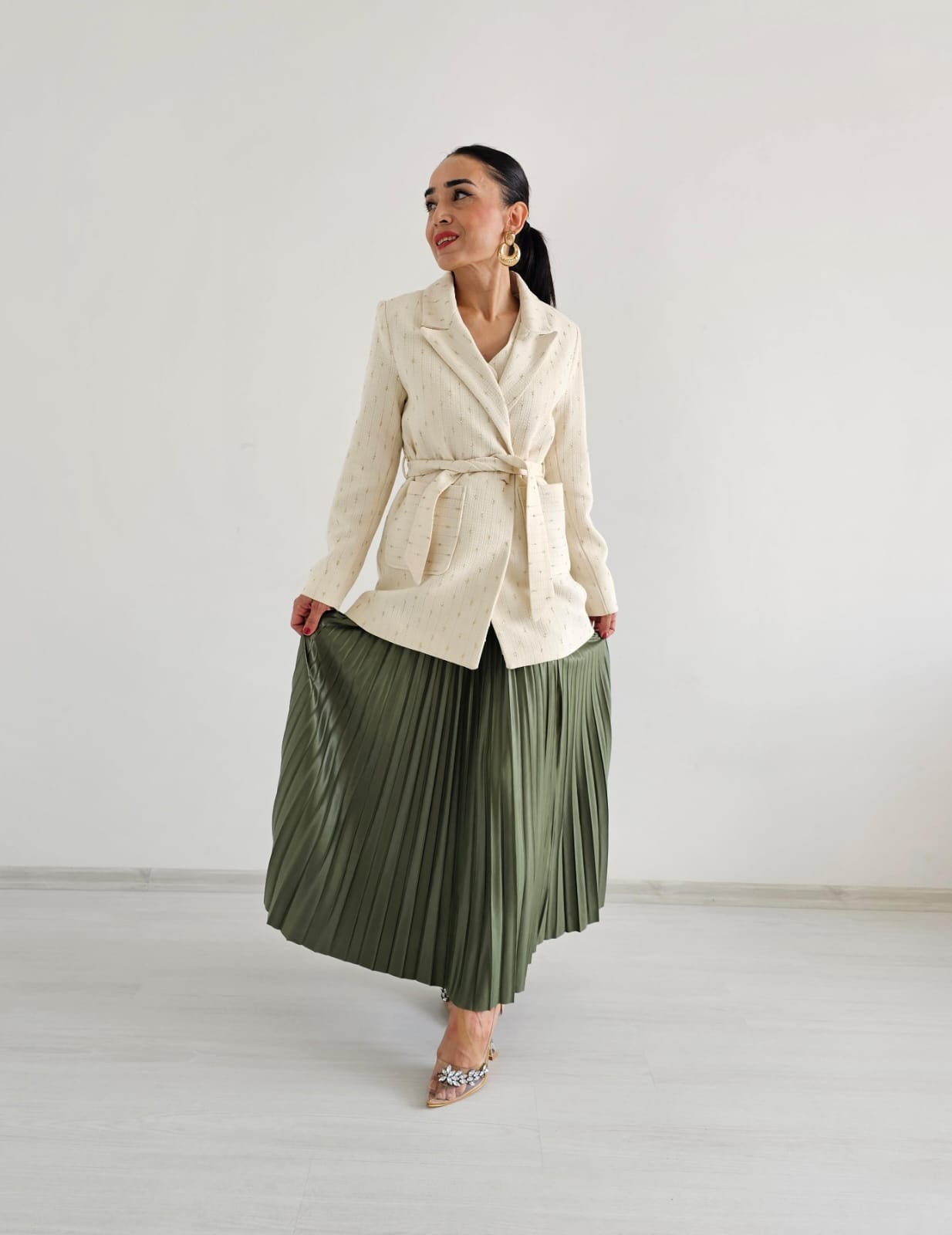 Simli Cep Detay Blazer Ceket - Krem