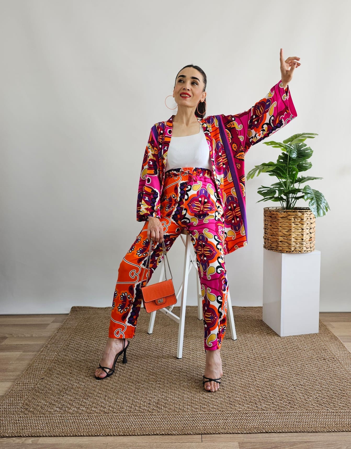 New Etnik Desen Şalvar Kimono Takımı  - FUŞYA