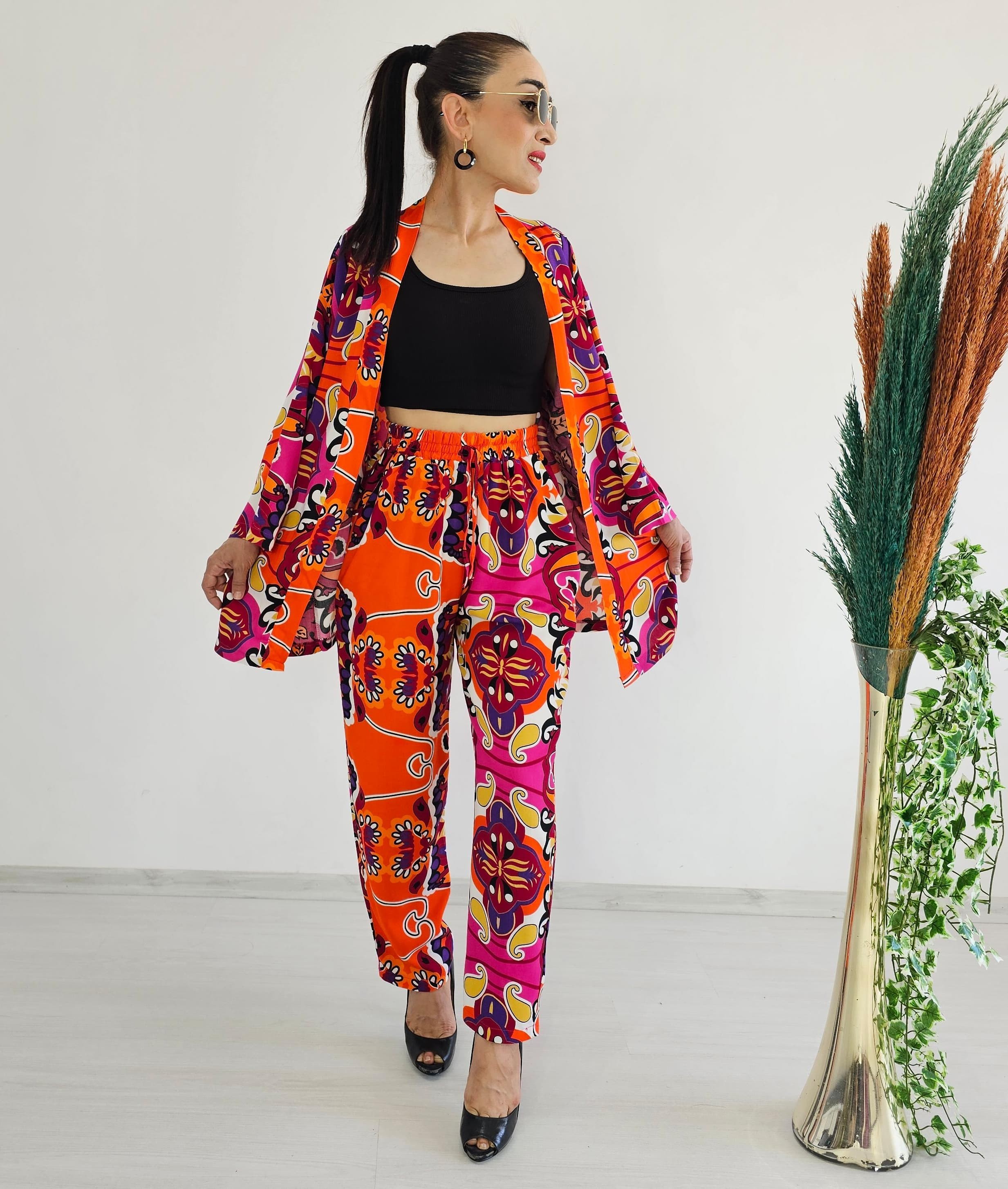 New Etnik Desen Havuç Kimono Takımı - FUŞYA