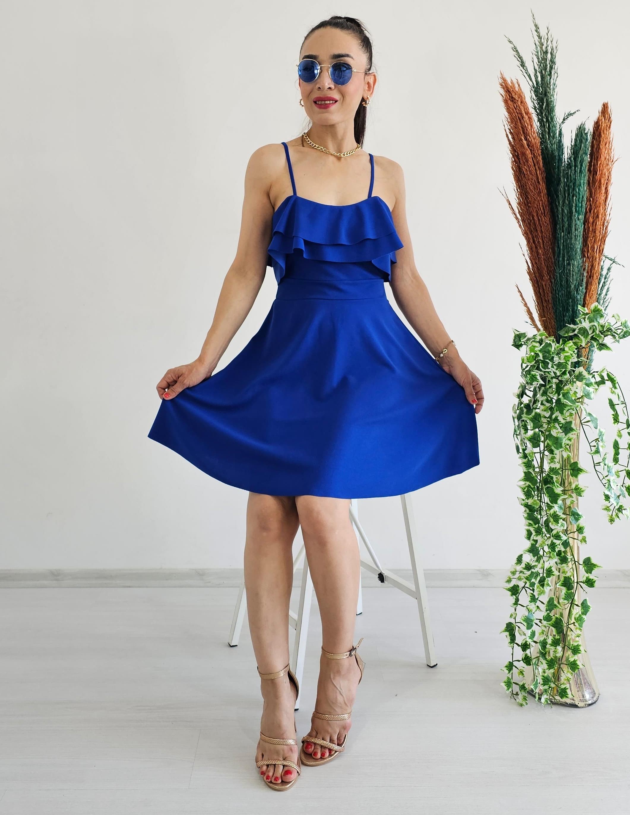 Omuzları Volanlı Crep Elbise - SAKS