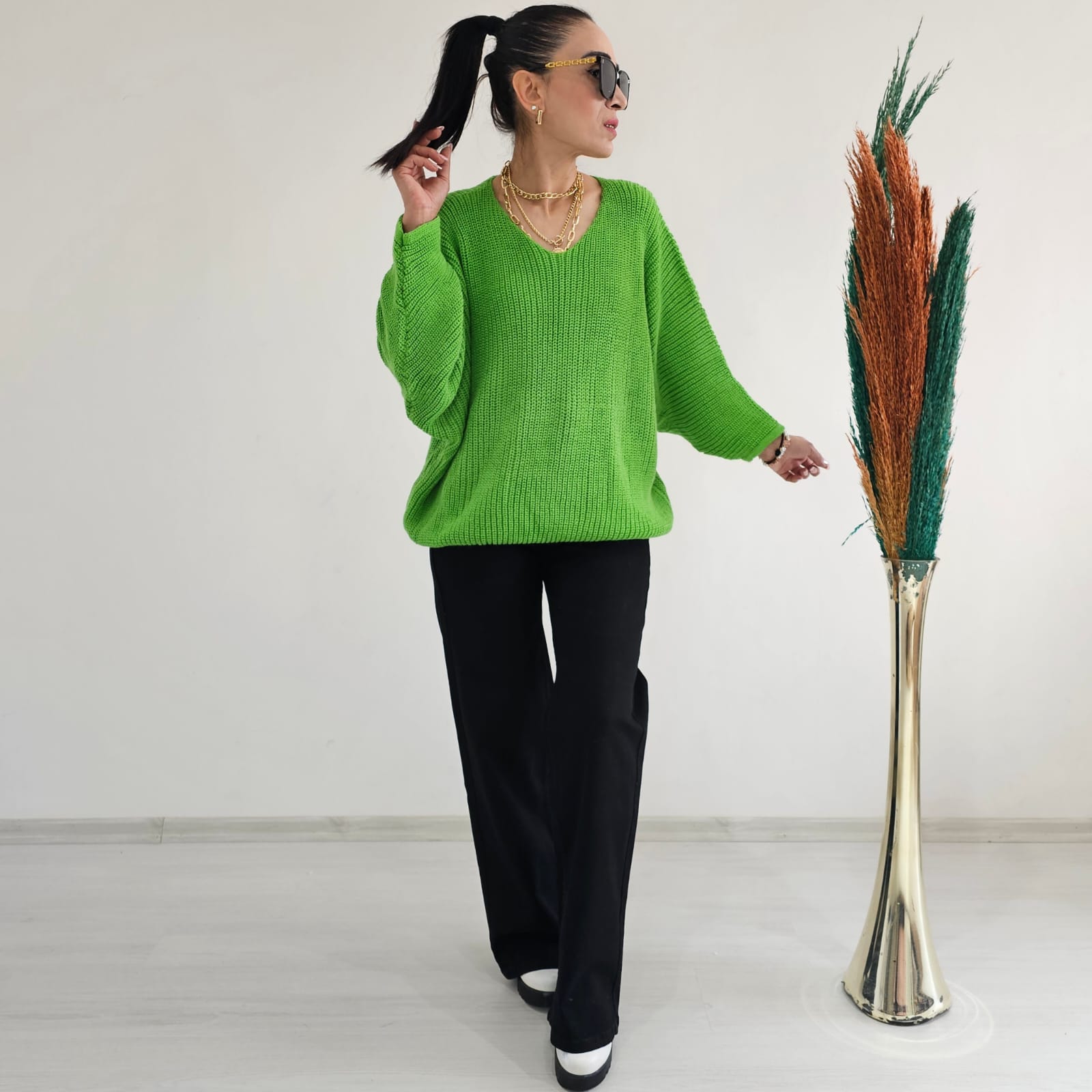 Yarasa Kol Örme Kazak - ÇİMEN YEŞİL