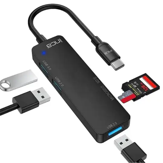 Inca ITPC-5T  Type-C Giriş 2XUSB Sd-Micro Sd2.0 Çoklayıcı USB 3.0 Çoklayıcı Çevirici Mavi Led
