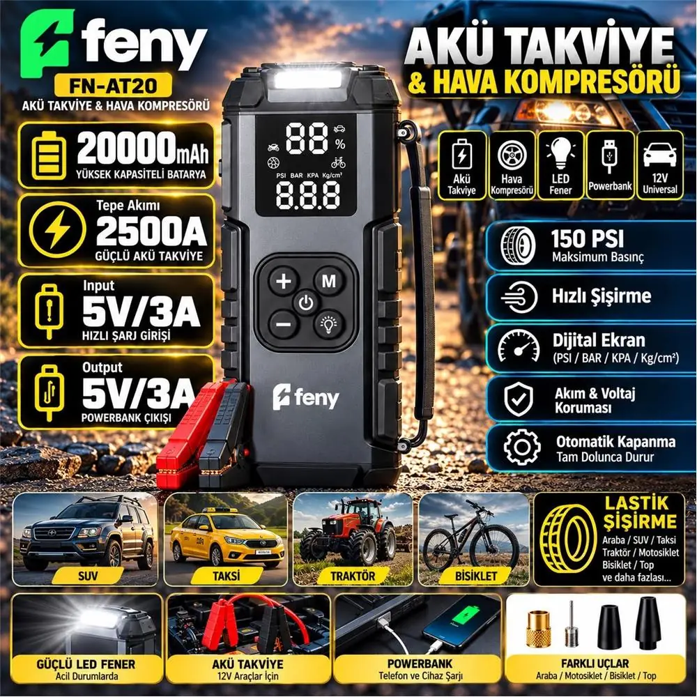 Feny FN-AT20 20.000 Mah 5v-3a Akü Takviye Ve Hava Kompresörü (Lastik Şişirme- Powerbank) Çantalı