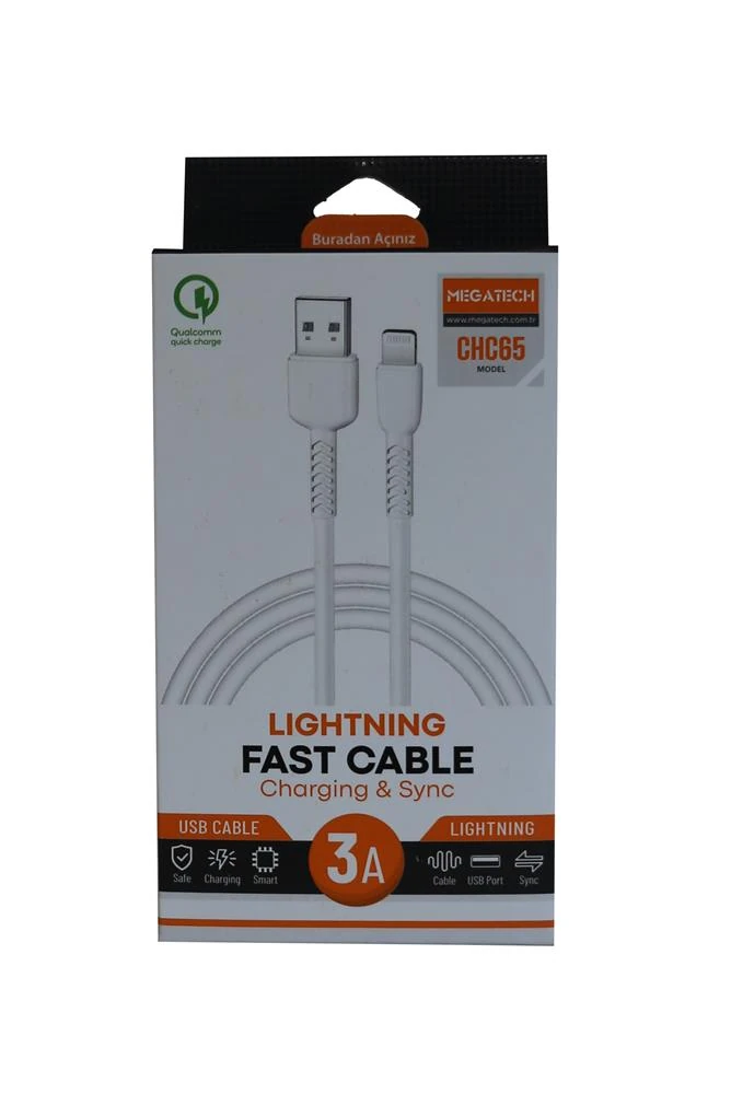 Megatech CHC65 3.0A 1mt Lightning Beyaz Şarj Kablosu