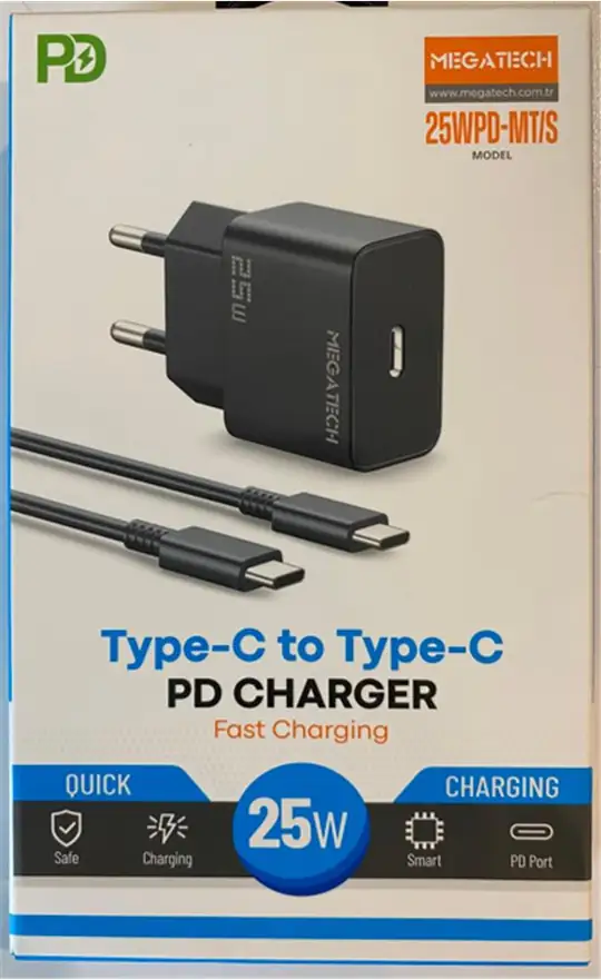 Megatech 25Wpd-Mt-S 25w Type-C Ev Şarj Kafa+Type-c to Typec Kablo ( Hızlı Şarj )