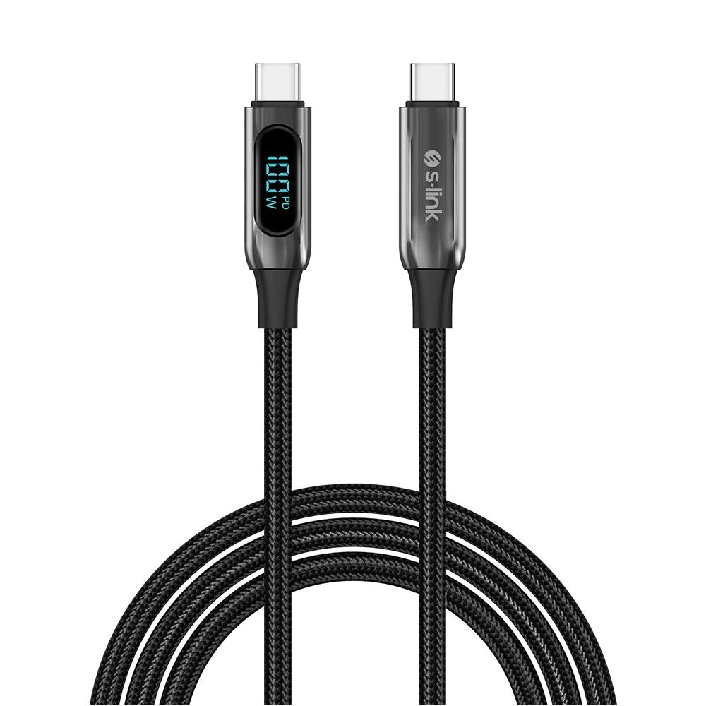 S-link Armor LED LCC-0100 100W 1m Type-C to Type-C PD Örgülü LED Başlıklı Siyah Hızlı Şarj Kablosu