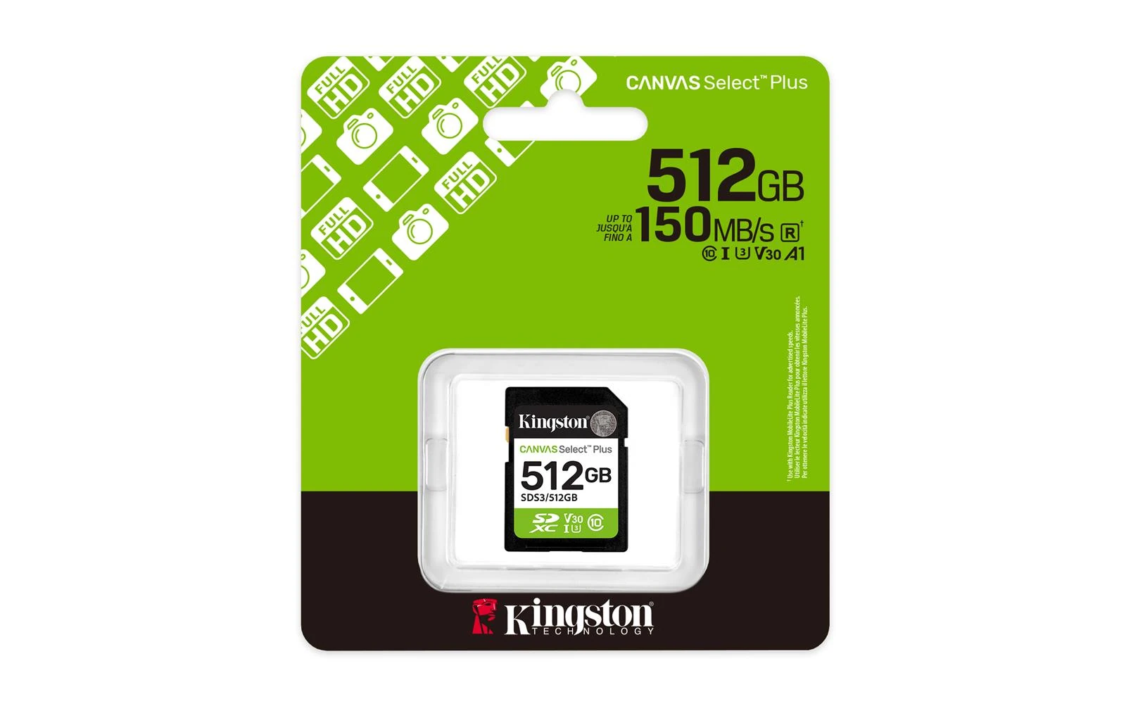 Kingston SDS3-512GB 512GB SDXC Canvas Select Plus Gen3 150MB-s C10 UHS-I U3 V30 Hafıza Kartı