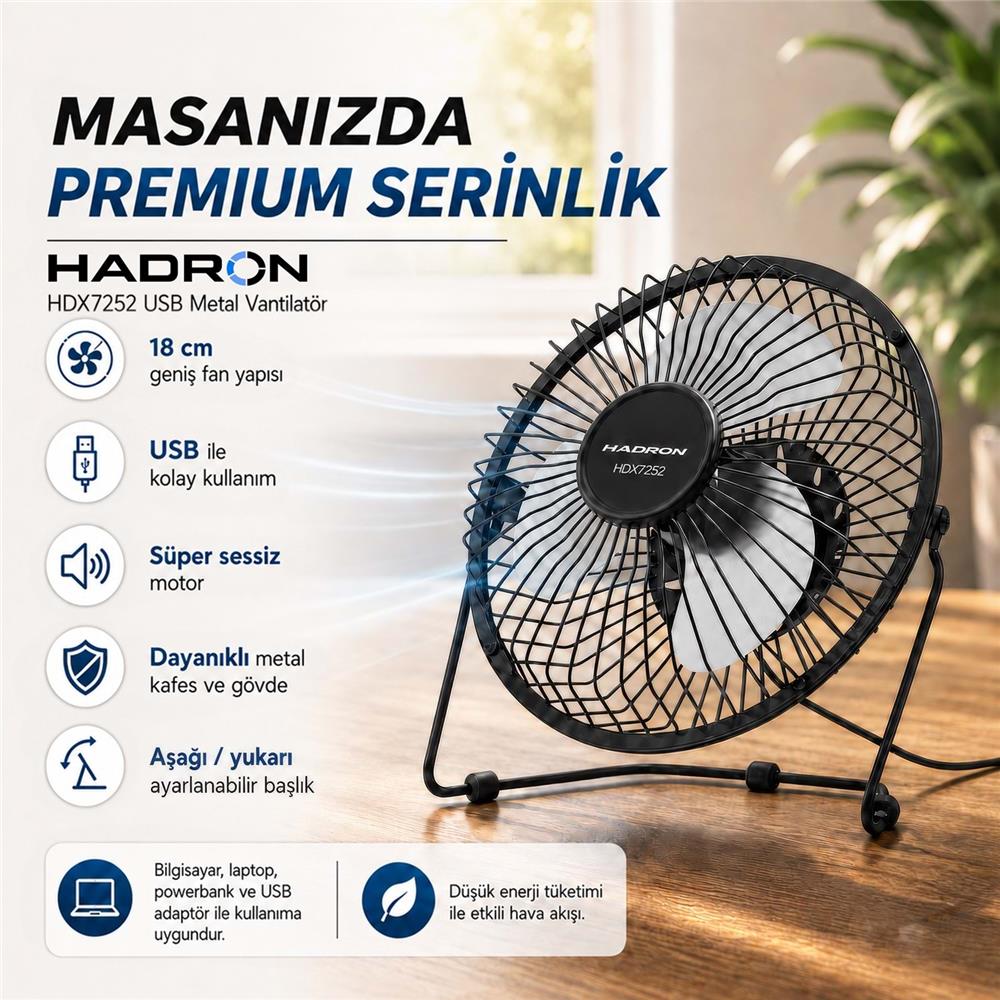 HADRON HDX7252 USB Metal Vantilatör 18 cm Siyah Beyaz