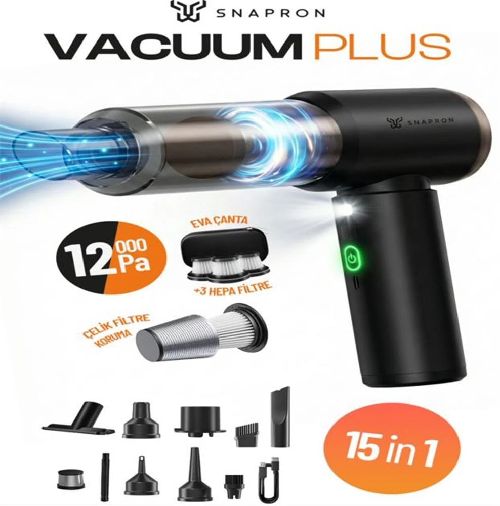 Snapron SNV-3002 12000PA 2000Mah 9in1 Güçlü Vakum Ve Üflemeli Şarjlı Katlanabilir Araç Süpürgesi