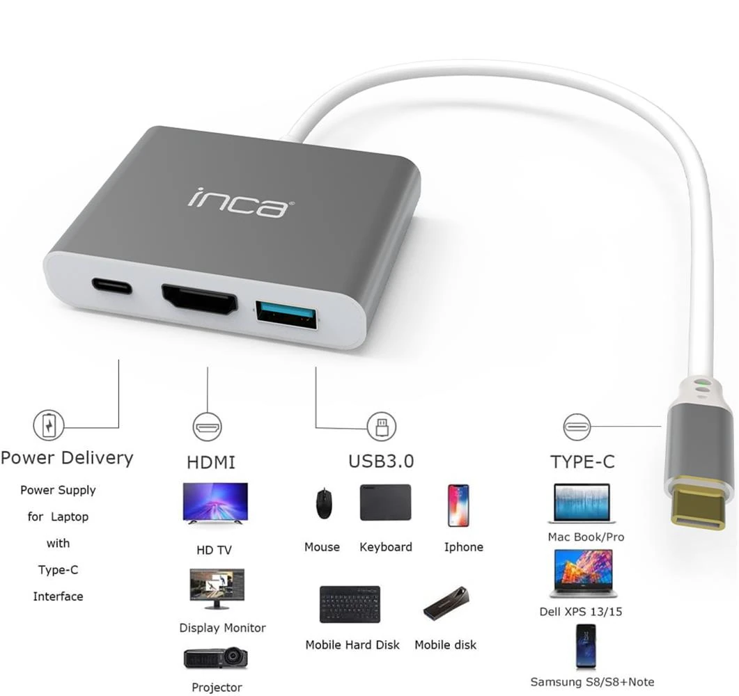 Inca ITPC-04TX Type-c Hub HDMI 4K@30hz USB3.0+PD100W Akım ve Voltaj Korumalı Alüminyum Çoklayıcı