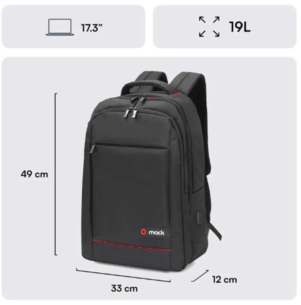 Mack MCC-007 17.3" Office USB Girişli Notebook Sırt Çantası Siyah (Dahili USB Şarj Portu)