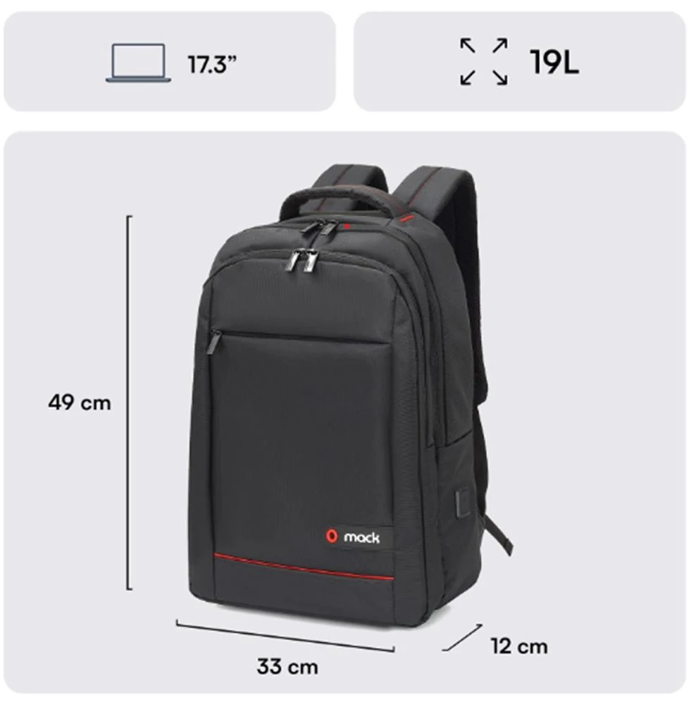 Mack MCC-007 17.3" Office USB Girişli Notebook Sırt Çantası Siyah (Dahili USB Şarj Portu)