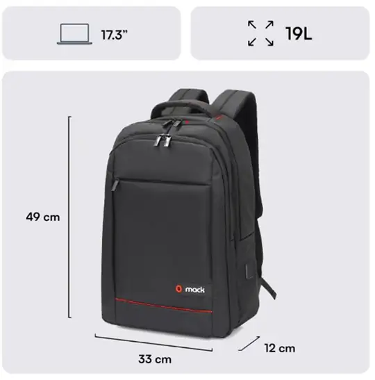 Mack MCC-007 17.3" Office USB Girişli Notebook Sırt Çantası Siyah (Dahili USB Şarj Portu)