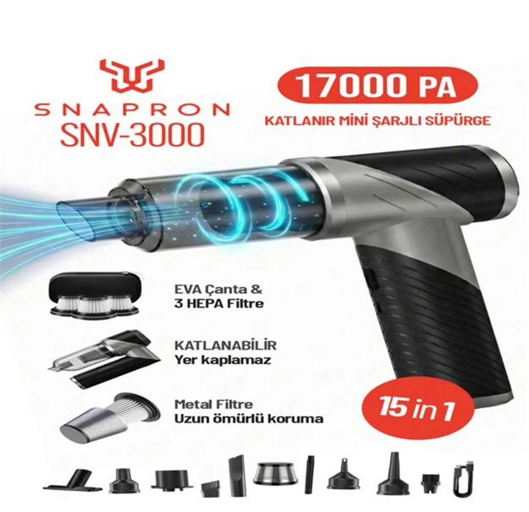 Snapron SNV-3000 17000PA 2000Mah 15in1 Güçlü Vakum Ve Üflemeli Şarjlı Katlanabilir Araç Süpürgesi