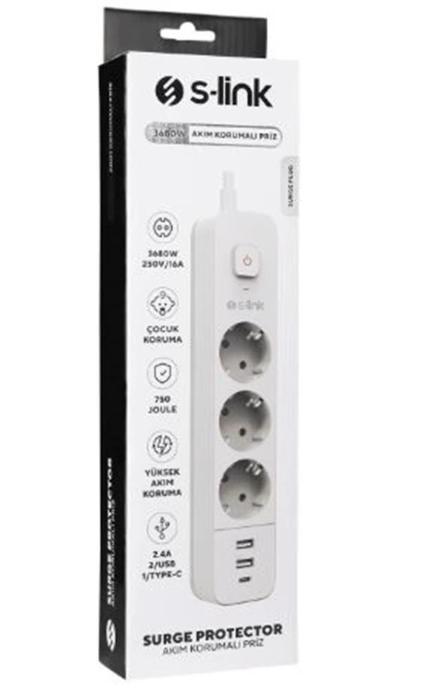 S-link SPG03TC 5V2.4A 1.5m 3x1.00mm 100 yüzde  Bakır 750 Joule 3 lü Anahtarlı Akım Korumalı Beyaz Priz