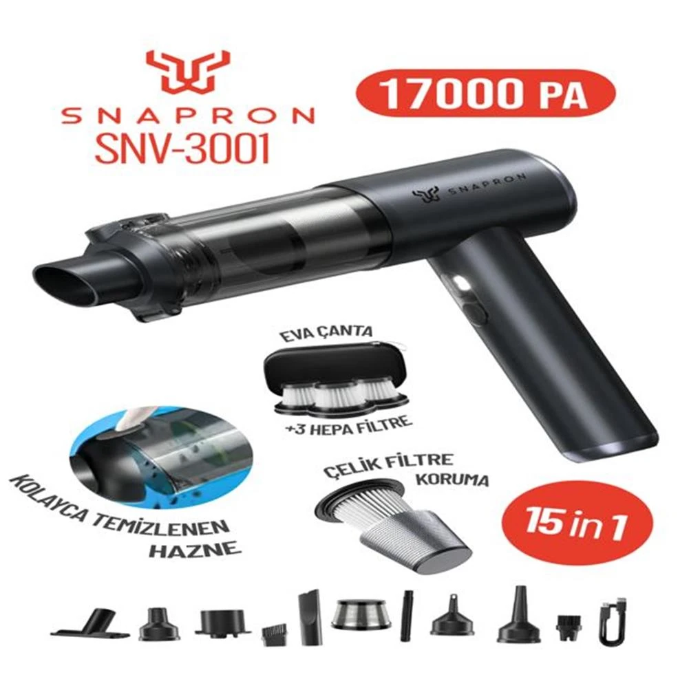 Snapron SNV-3001 17000PA 2000Mah 15in1 Güçlü Vakum Ve Üflemeli Şarjlı Katlanabilir Araç Süpürgesi