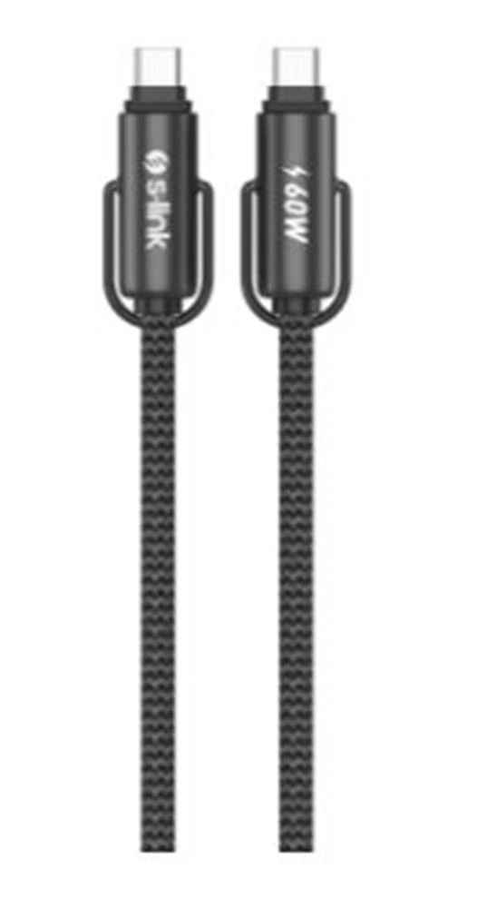 S-link Armor Boyun Askılı AC-01 60W 1.2m Type-C to Type-C Örgülü Metal Başlıklı Siyah Şarj Kablosu