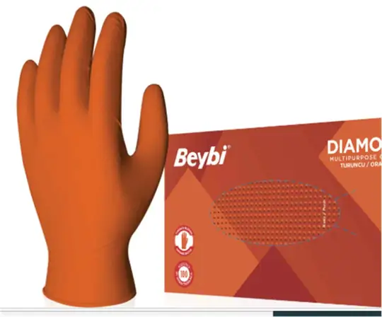 Beybi Diamond Pudrasız L Beden Kalın Turuncu Nitril Eldiven Large 100 Adet