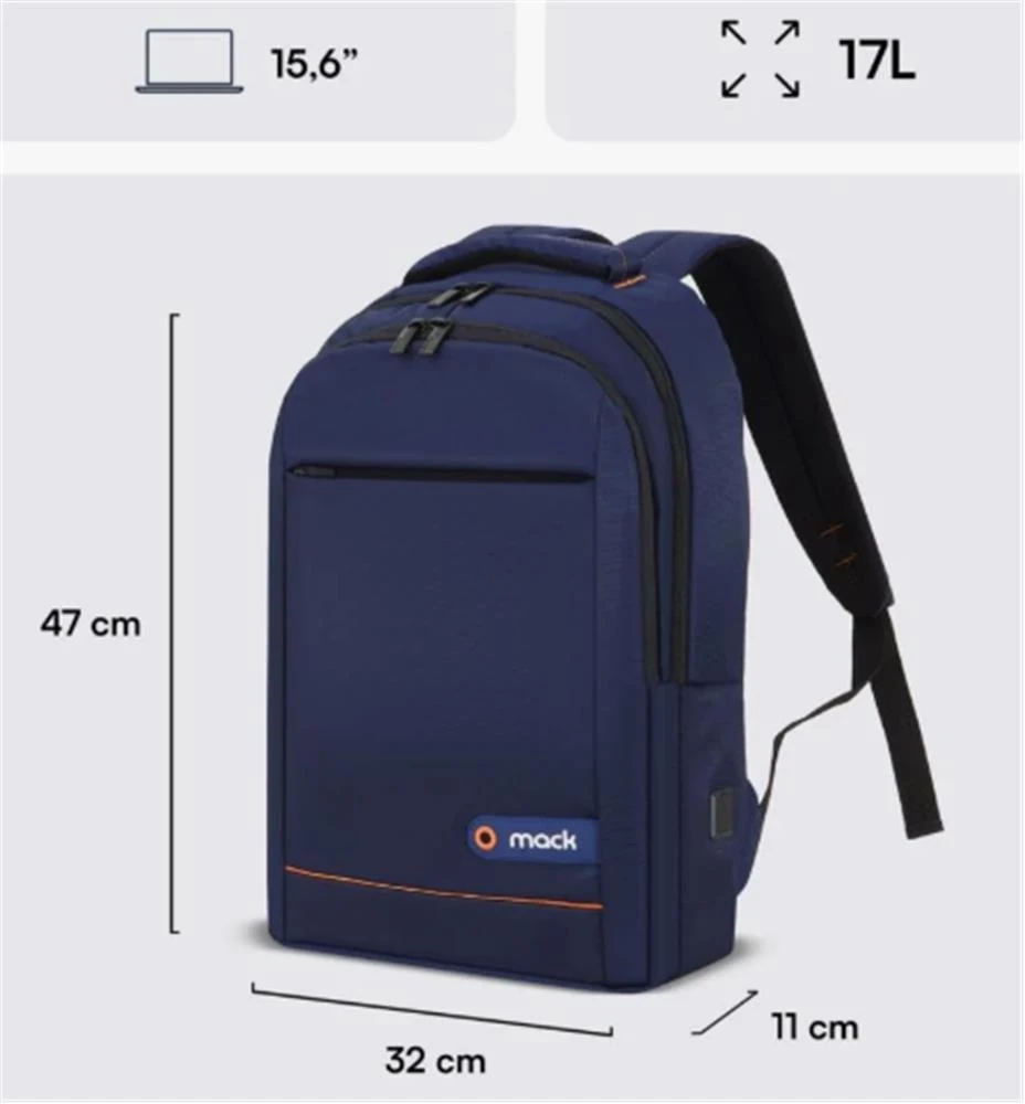 Mack MCC-006BL 15.6" Office USB Girişli Notebook Sırt Çantası Lacivert (Dahili USB Şarj Portu)