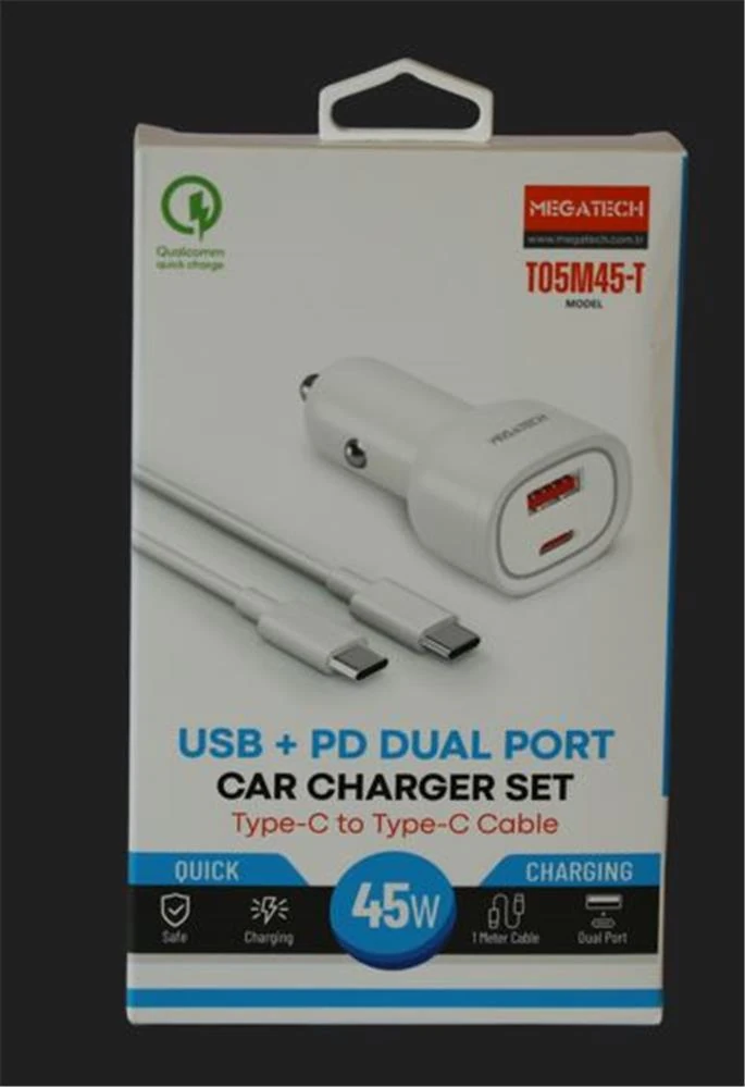 Megatech T05M45-T Beyaz 45W PD-USB Araç Çakmaklık Şarj Başlığı Hızlı Şarj(TYPE-C TO TYPE-C KABLO)