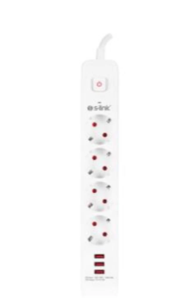 S-link SPG403U 1.5m 1.5mm 100 yüzde  Bakır 750 Joule 3 Usb 5V2.4A 4lü Anahtarlı Akım Korumalı Priz