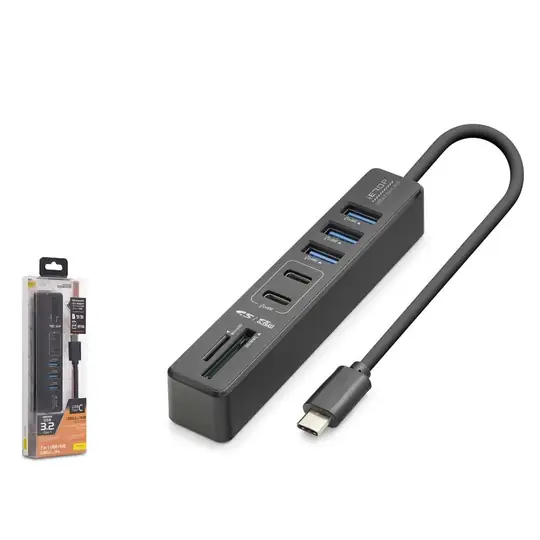Hadron HDX7061 İetop Type-C Hub 5Gbps 2x Usb-C 3.2+3x Usb-A 3.2+SD+microSD 7 Port Kart Okuyucu Siyah