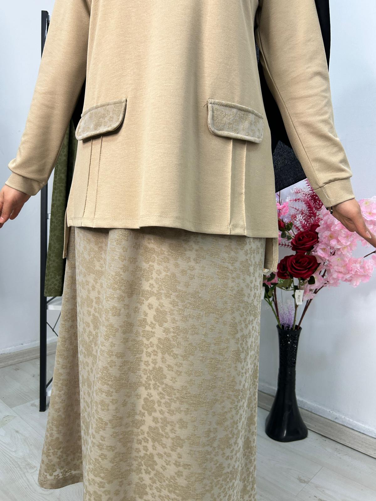 MODAL KUMAŞ ÇİÇWK DETAYLI ETEKLİ TAKIM - Bej
