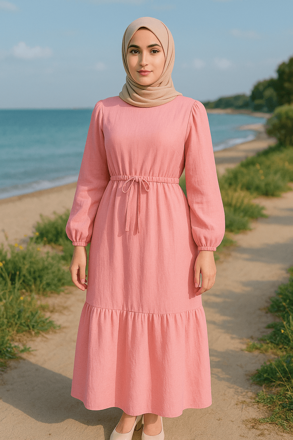 ÇİLEK KUMAŞ KATLI YAZLIK ELBİSE - Pembe