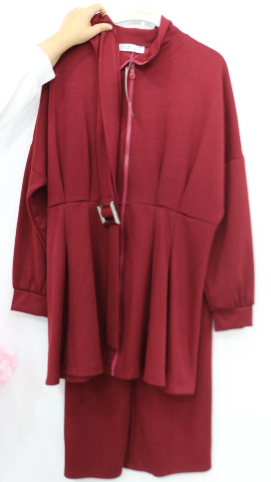 BELİ BÜZGÜLÜ OYSHO PANTOLONLU TAKIM - Bordo