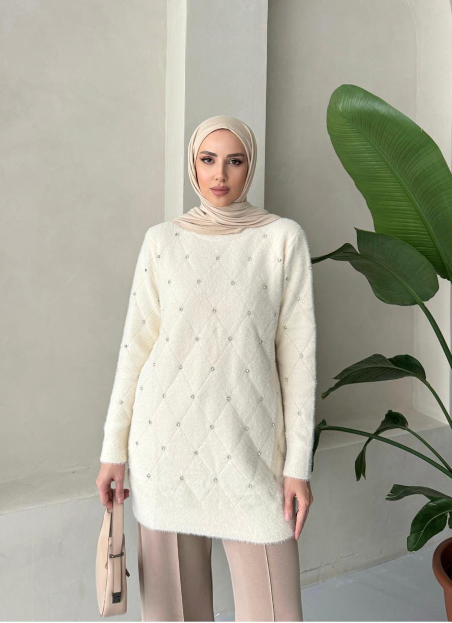BAKLAVA DESENLİ ANGORA TUNİK - Vanilya