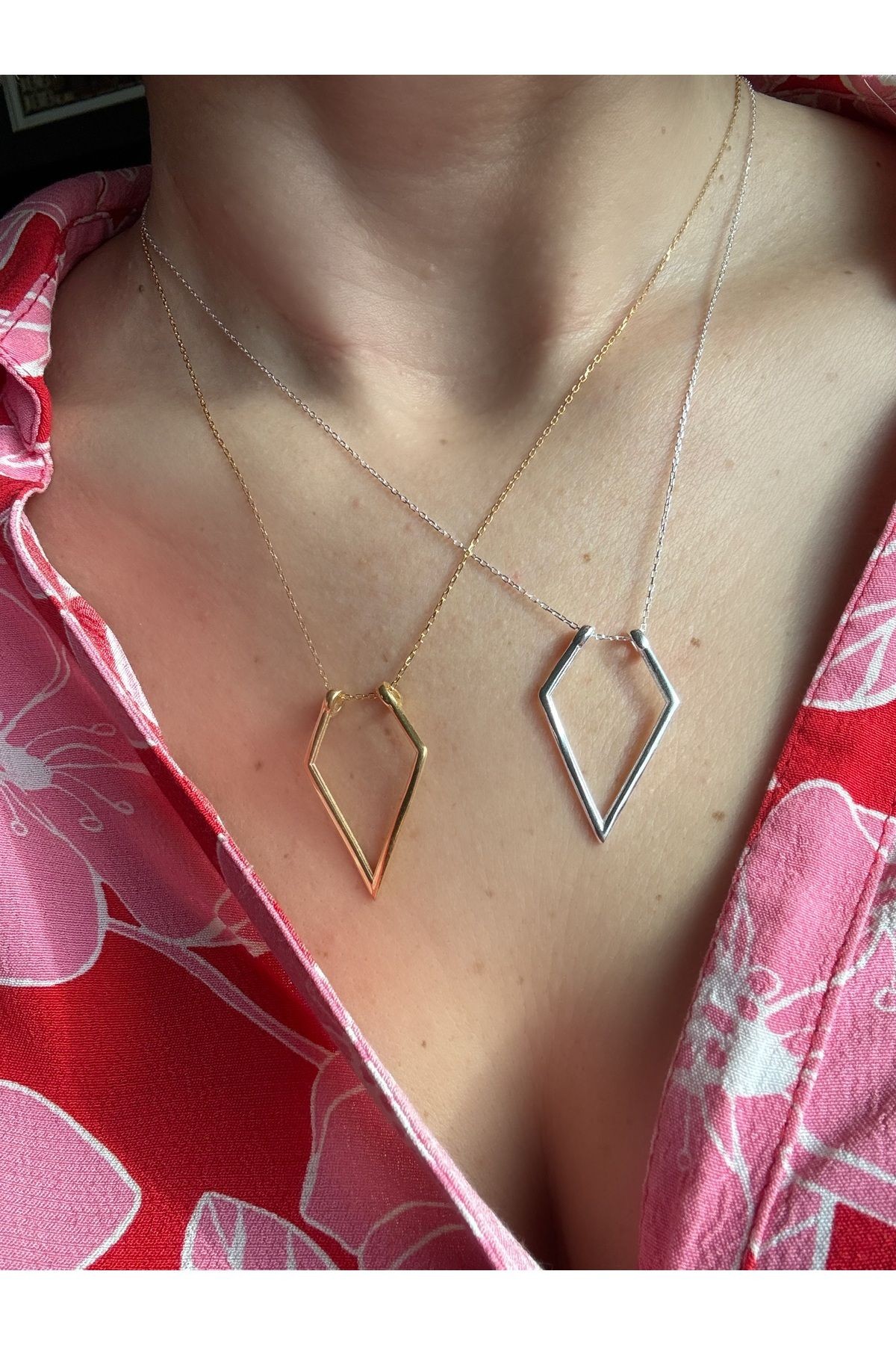 925 Ayar Gümüş Yüzük Tutucu Geometrik Kolye