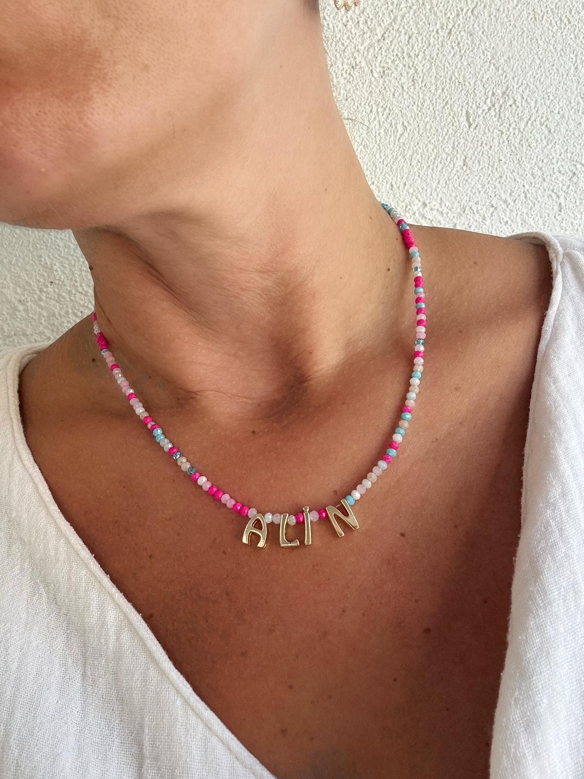 Kişiye Özel Gold Kristal Kolye - Pembe 
