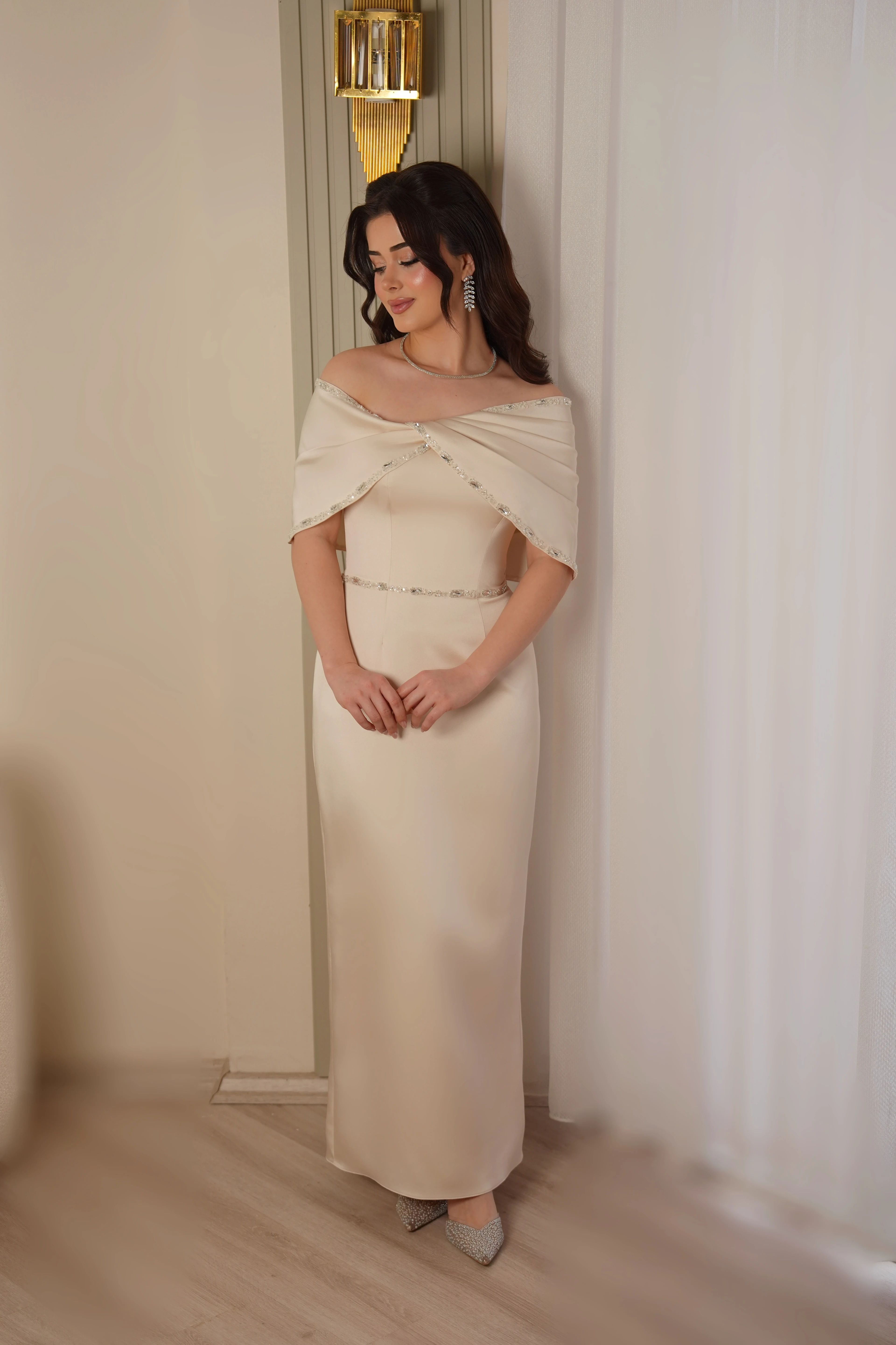 alya dress designer Alya Draped Neck Designer Dress Powder Pink, Beige, Ecru, Mint