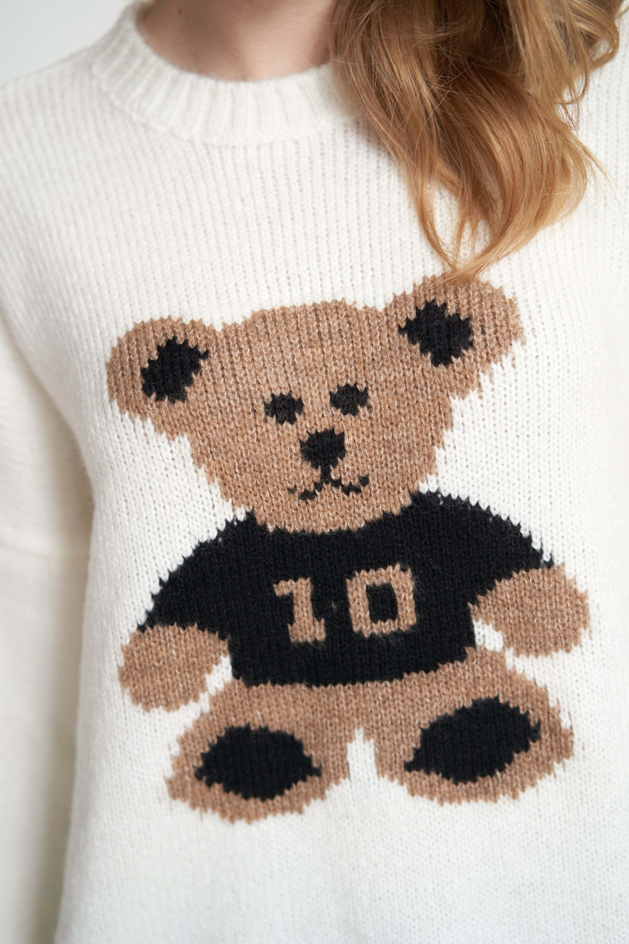 Teddy Bear Nakışlı Triko Kadın Kazak Beyaz