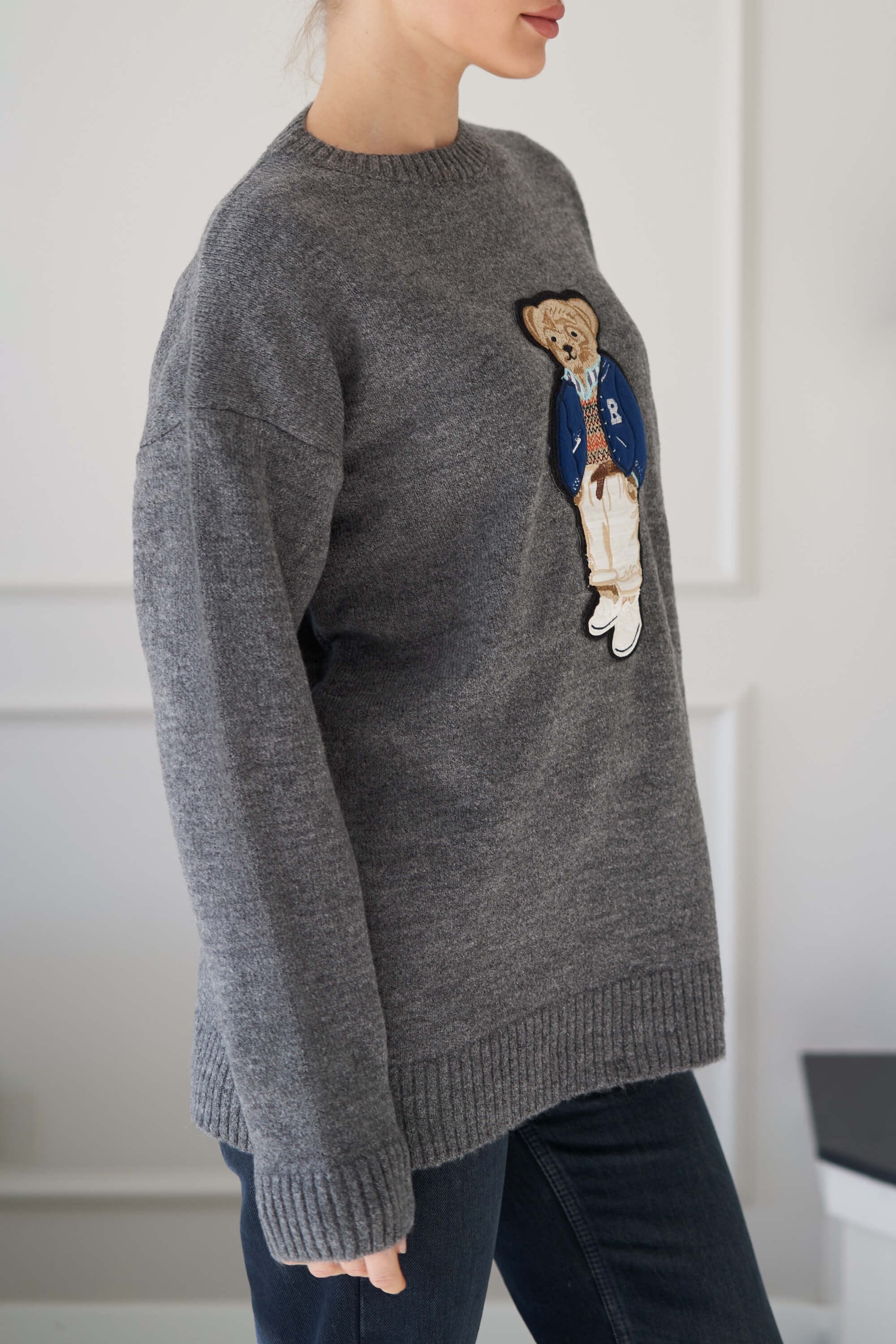 Ayıcık Desenli Teddy Bear Lacivert Gri Kazak