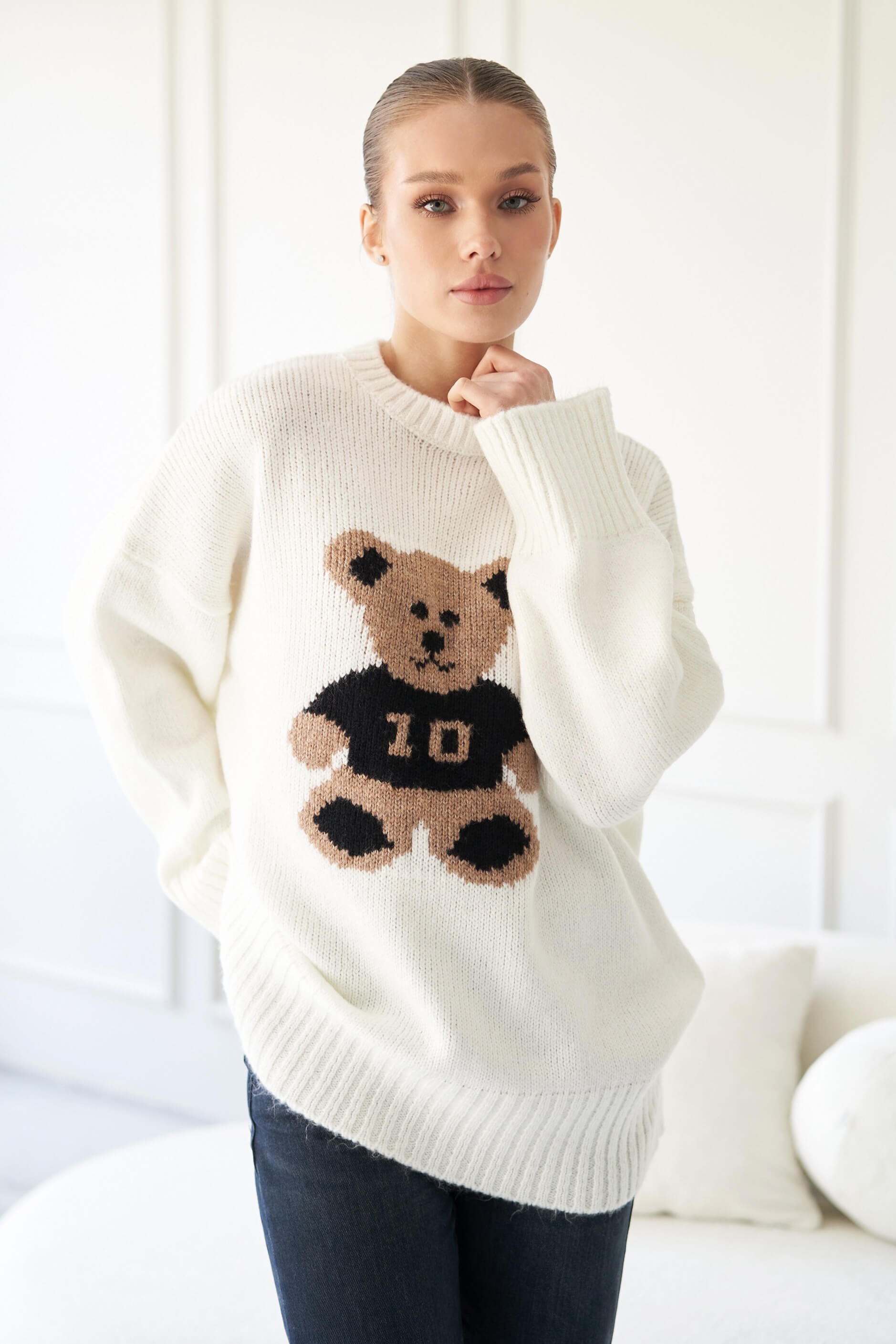 Teddy Bear Nakışlı Triko Kadın Kazak Beyaz
