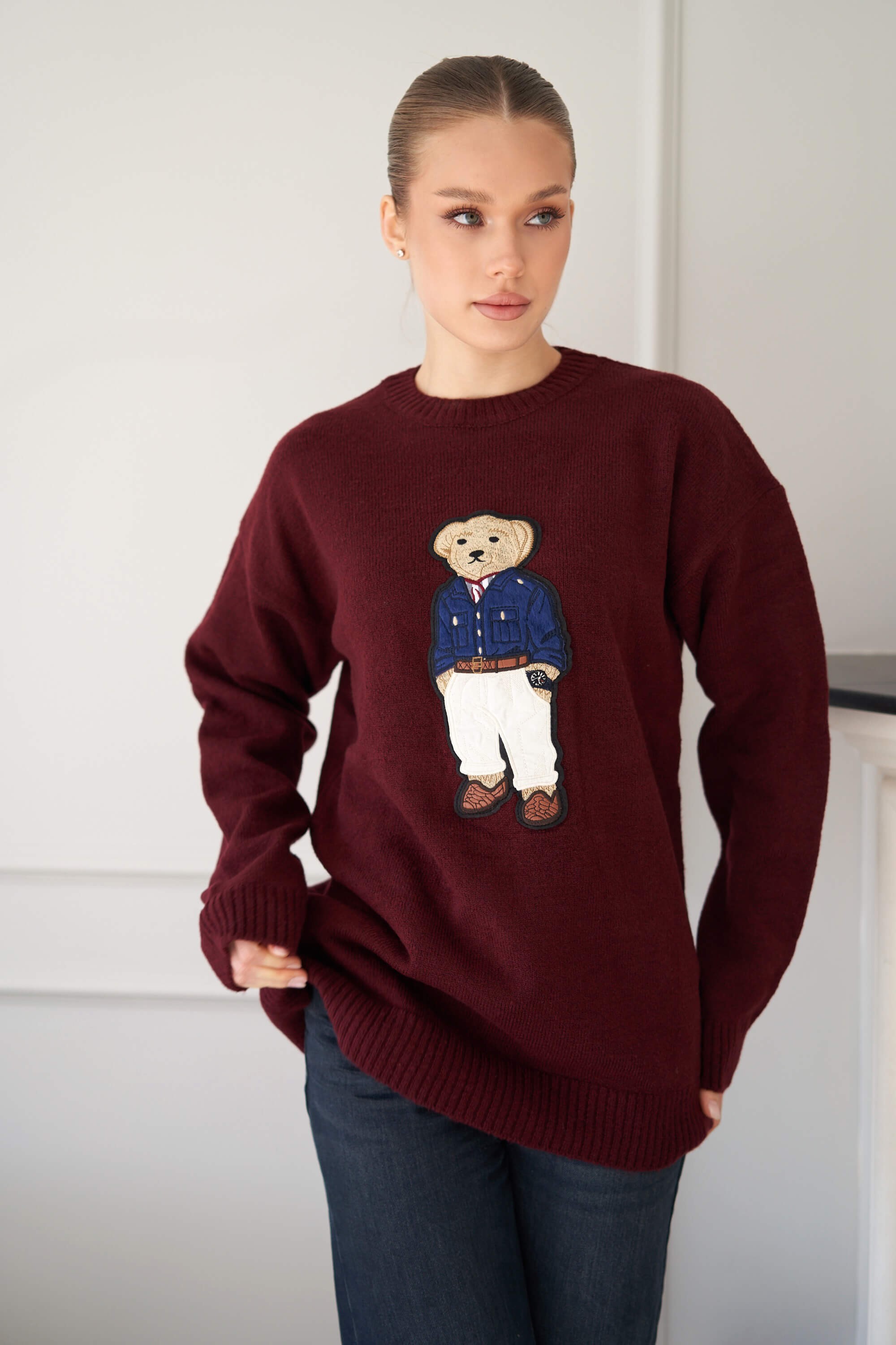 Ayıcık Desenli Teddy Bear Bordo Triko Kazak