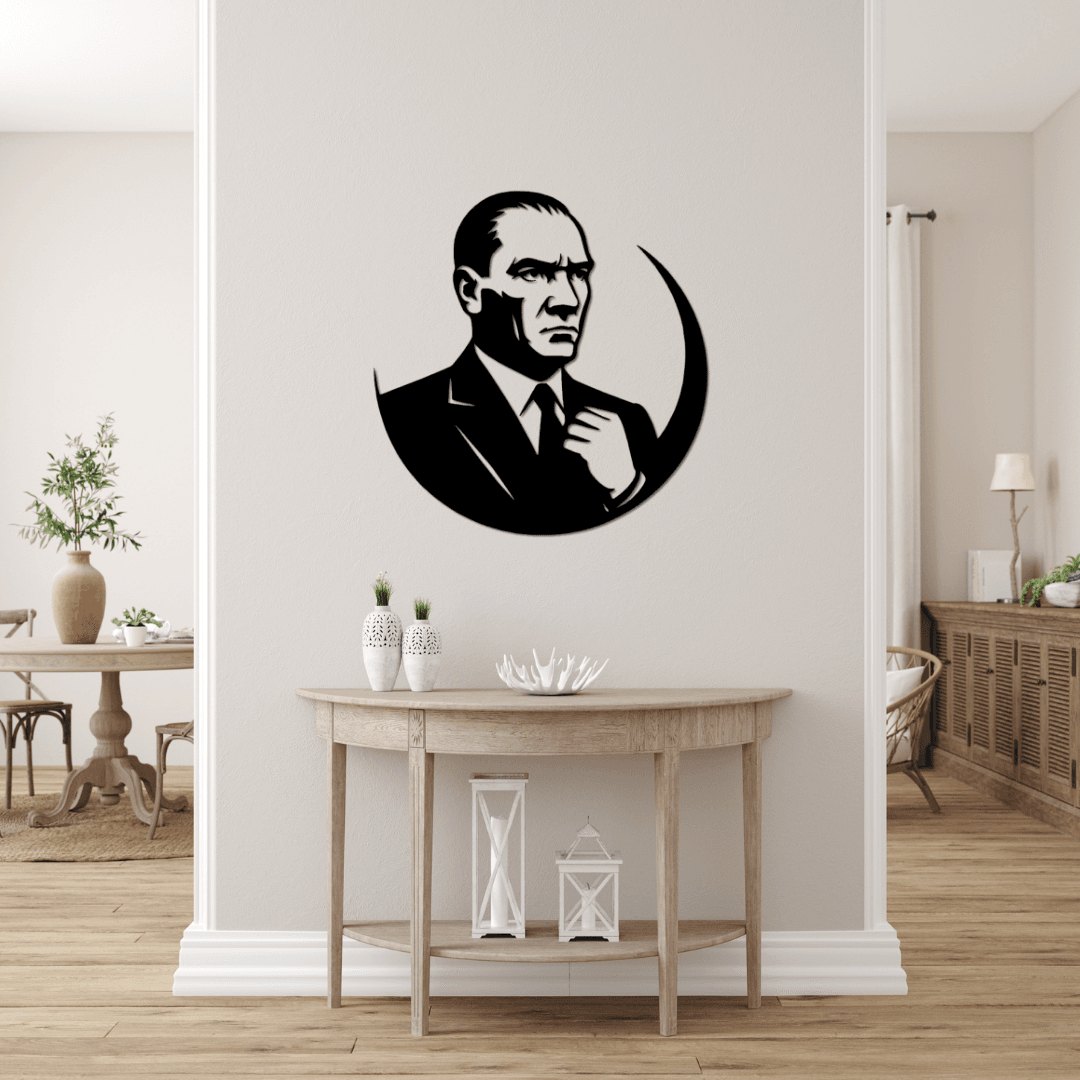 Kurumsal Ofisler ve Anlam Yüklü Mekânlara Özel – Yarım Hilalli Atatürk Silüet Metal Tablo