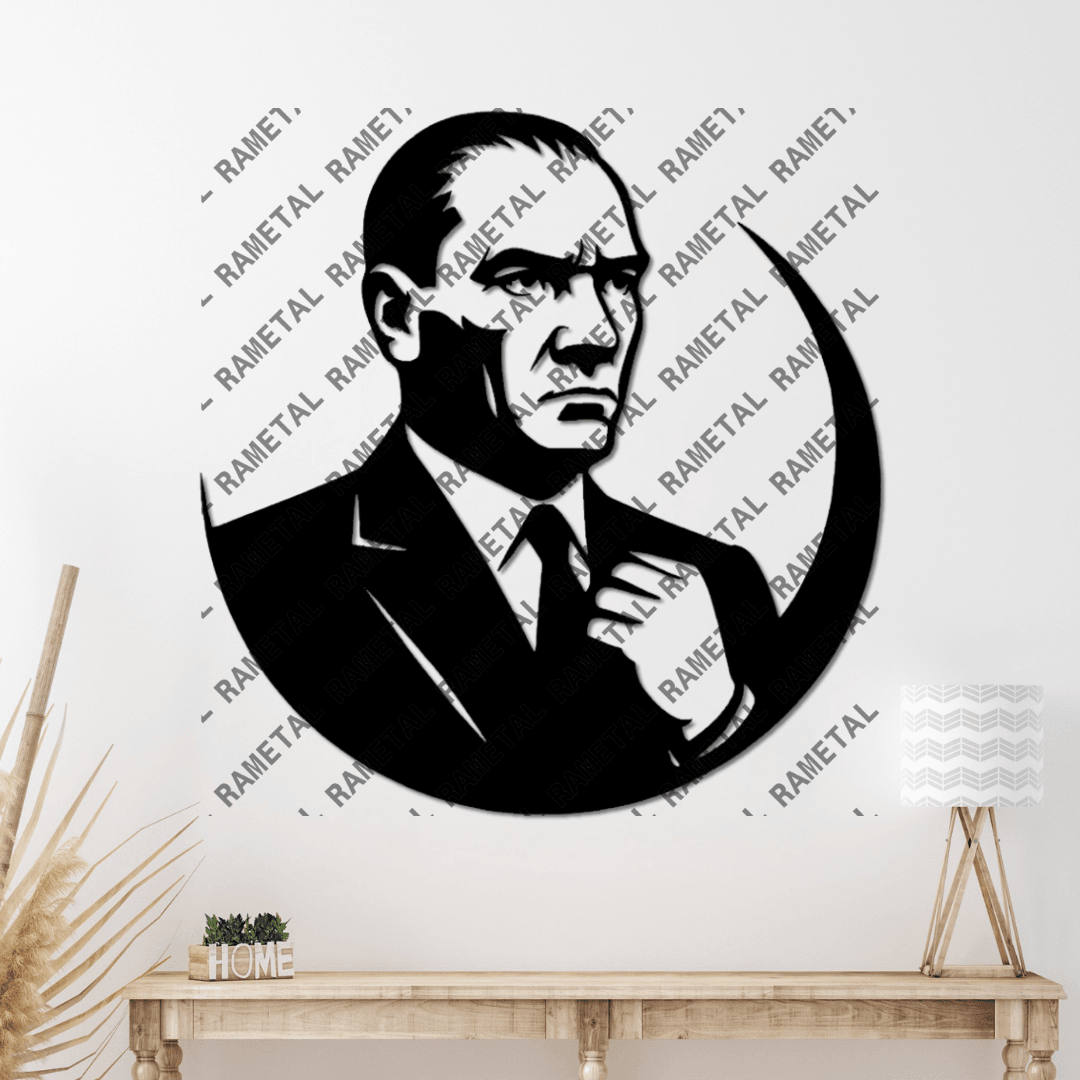 Kurumsal Ofisler ve Anlam Yüklü Mekânlara Özel – Yarım Hilalli Atatürk Silüet Metal Tablo