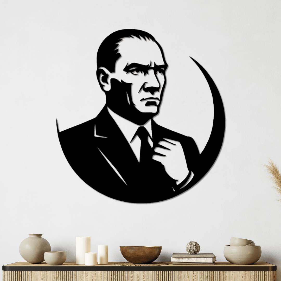 Kurumsal Ofisler ve Anlam Yüklü Mekânlara Özel – Yarım Hilalli Atatürk Silüet Metal Tablo