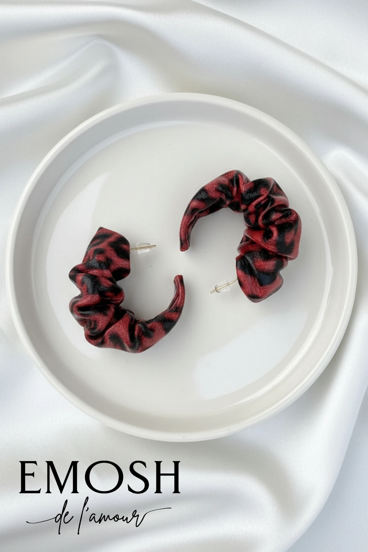 Tutkulu Kırmızı Leopar Halka Küpe - Model Kumaş Küpe