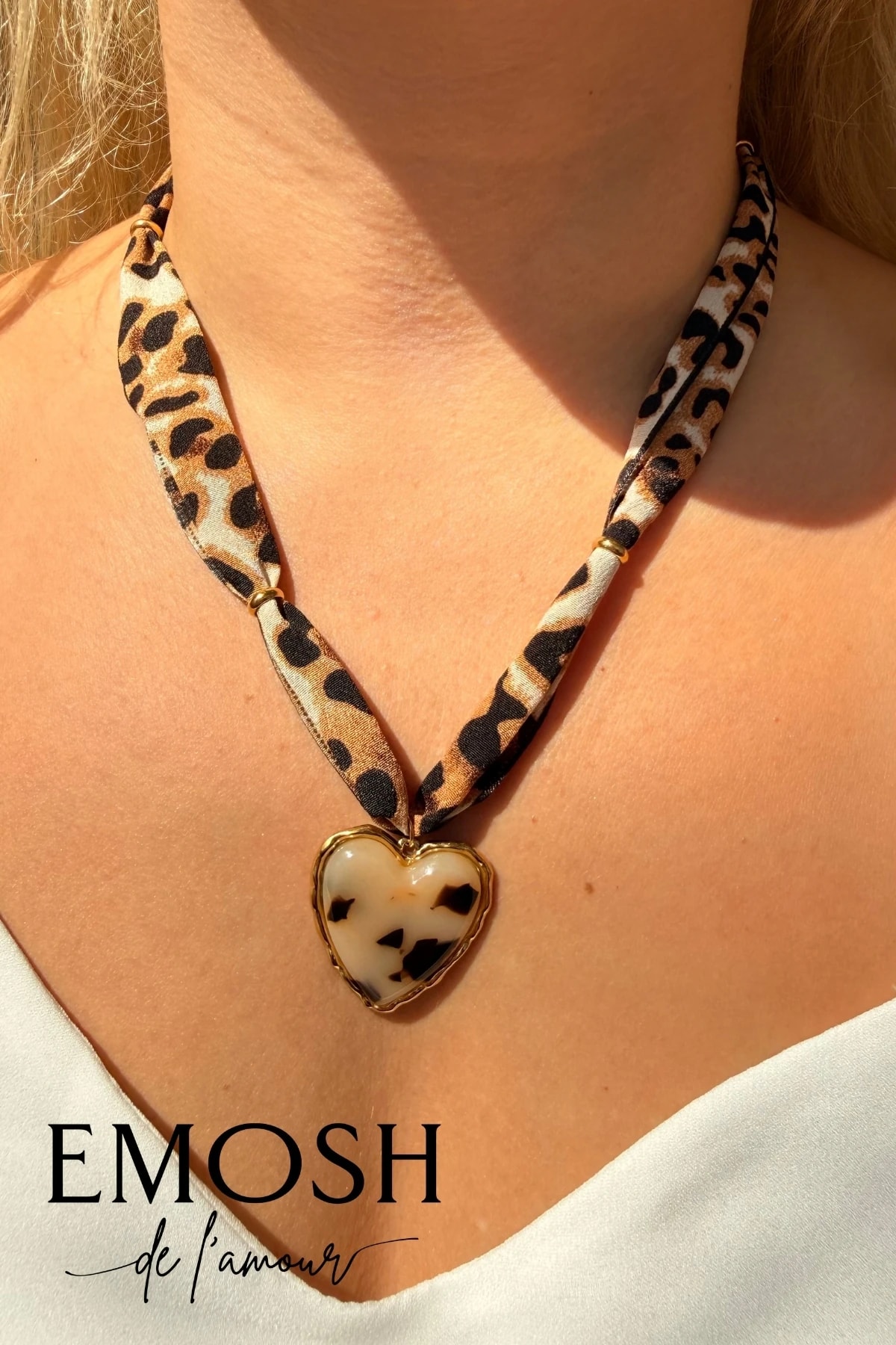 Romantik Kalp Uçlu Fular Kolye - Leopar Desenli Kumaş Şeritli Zara Model