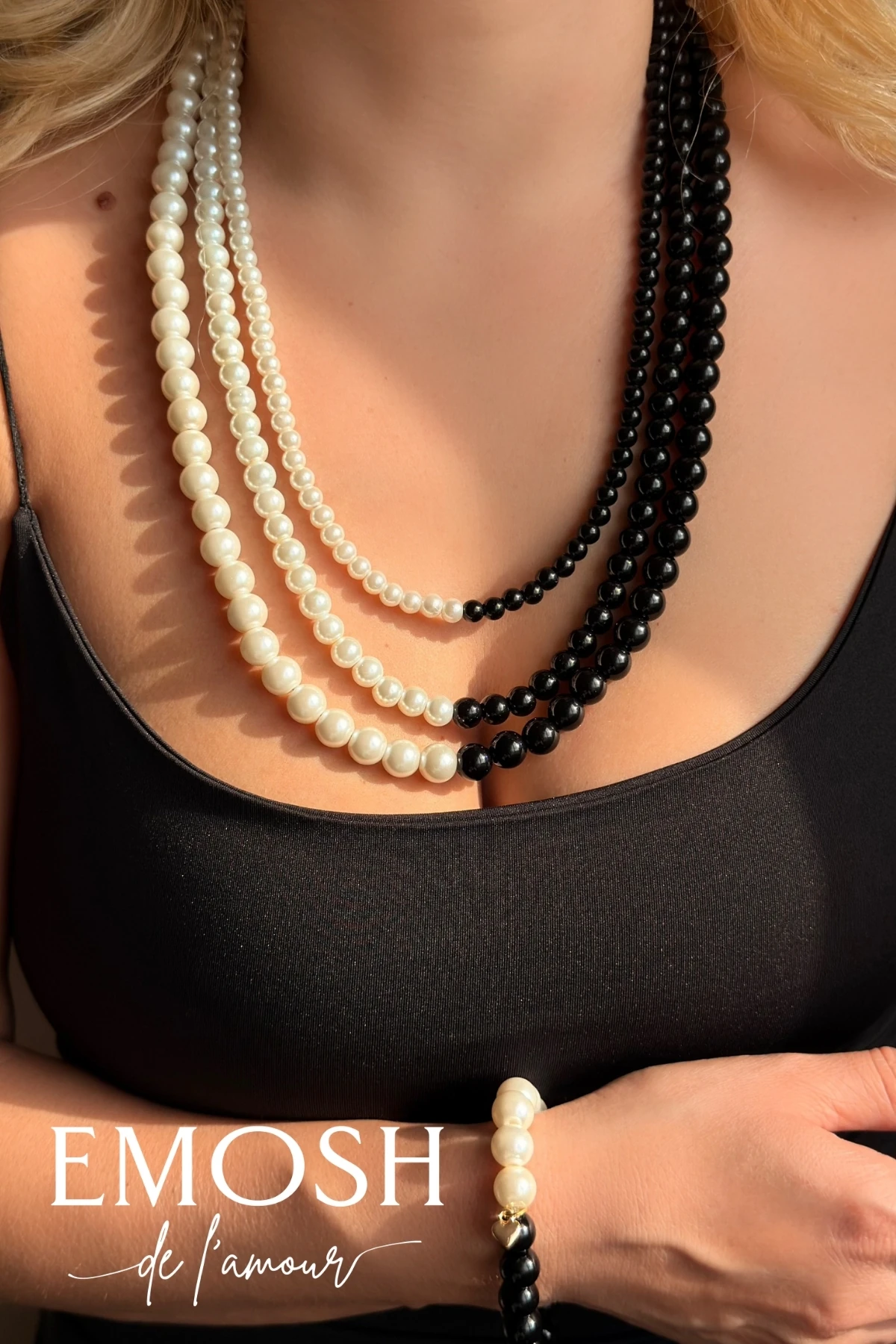 3 Sıralı Siyah Beyaz Kontrast Kolye & Bileklik Cam İnci Set | Lüks Gece Daveti Zara