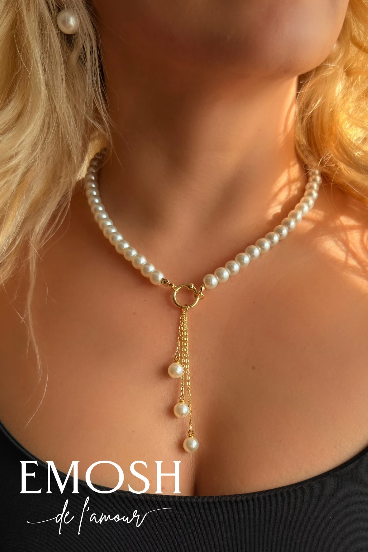 Sallantılı İnci Choker Kolye | Altın Tonlu Y-Drop Zincir Cam İnci