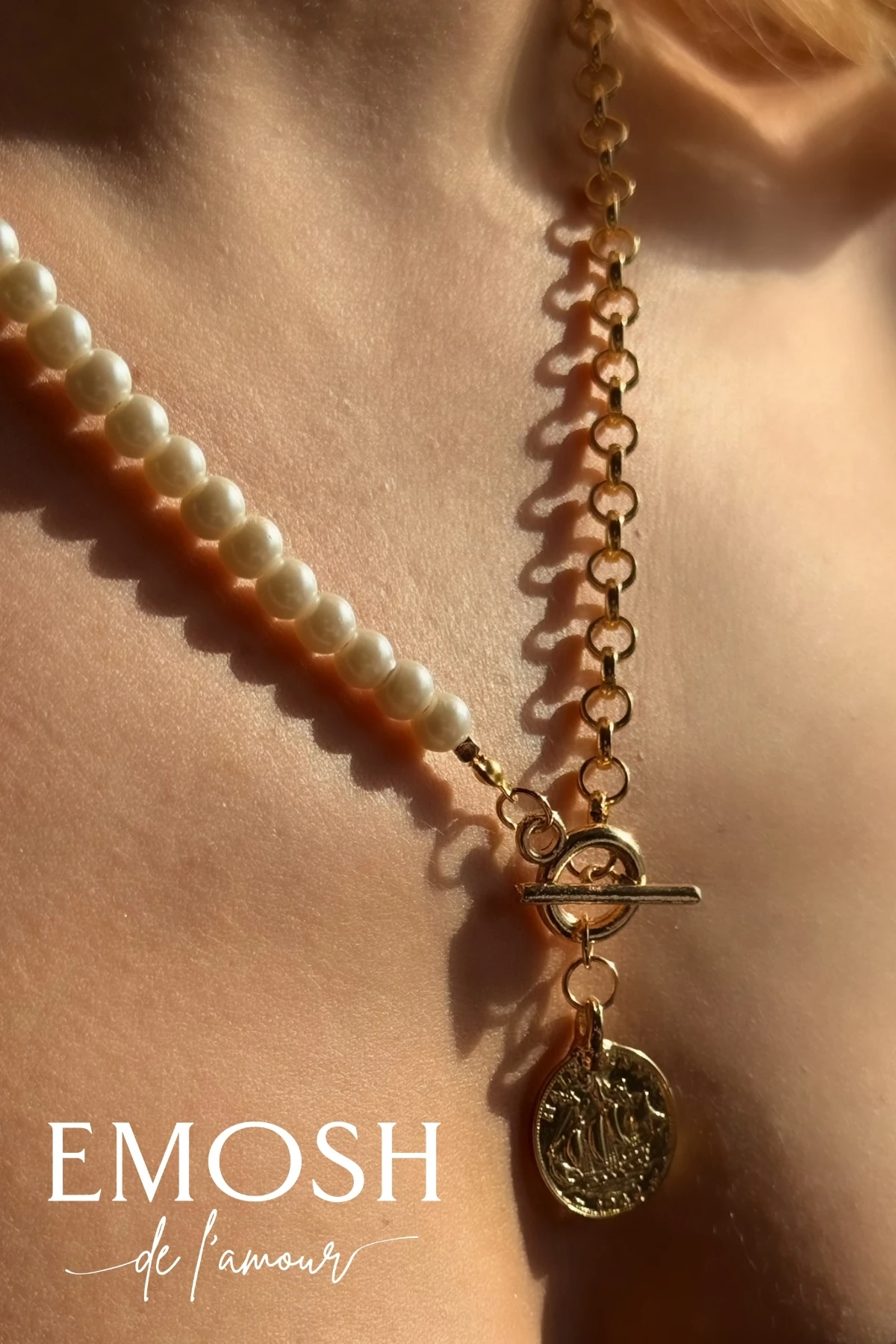 İkili Yarı İnci Yarı Zincir Kolye | Gemici Madalyon Detaylı Toggle Kilitli | Trend