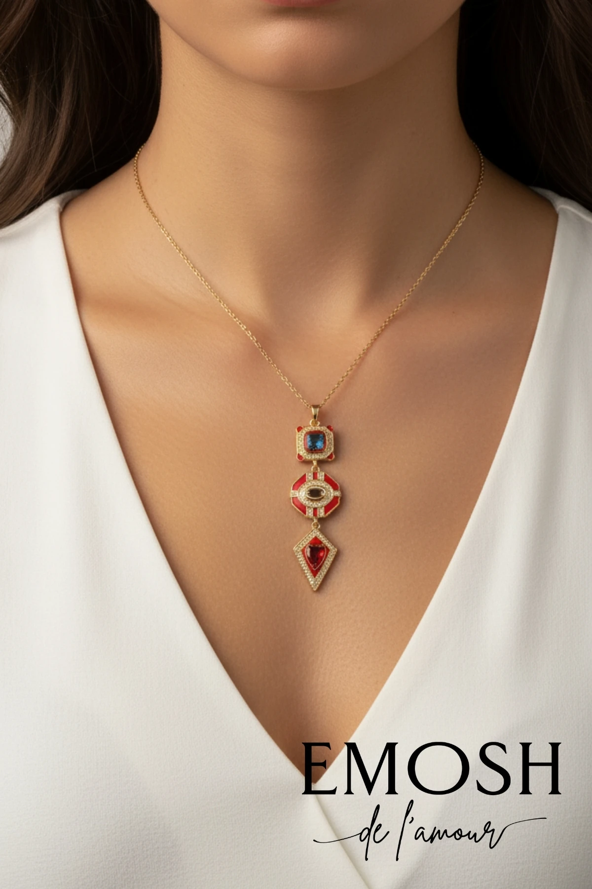 Art Deco Tarzı Katmanlı Kolye | Çoklu Renkli Taş ve Zirkon Detaylı